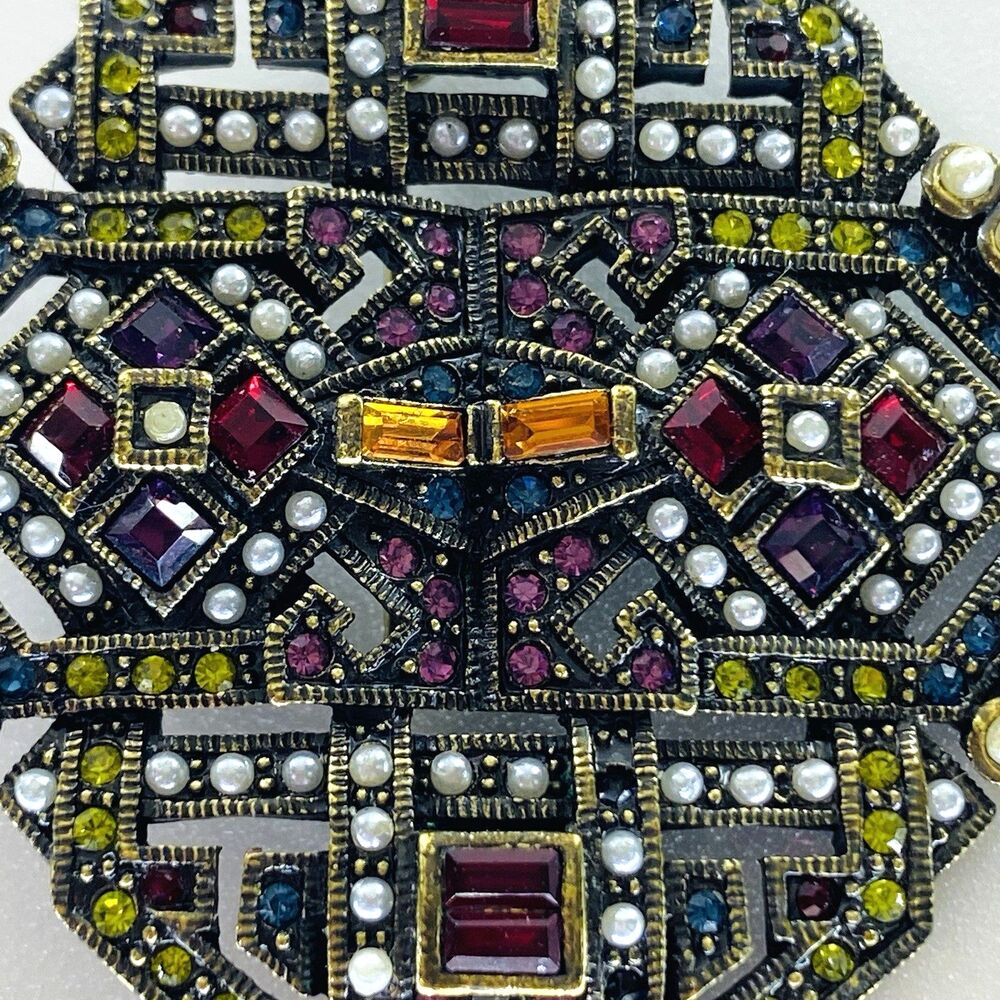 Heidi Daus Art Deco Style Colorful Rhinestone Faux Pearl Brooch Pendant Pin - Picture 4 of 12